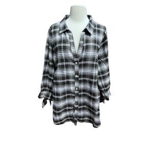 L Love Women's Black/White Plaid Button-Down Long Tunic Top Casual SZ 1XL